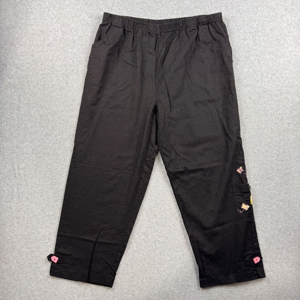 Mureli Pants Womens XL Black‎ Embroidered Bee Hive Linen Blend Crop Cargo Summer